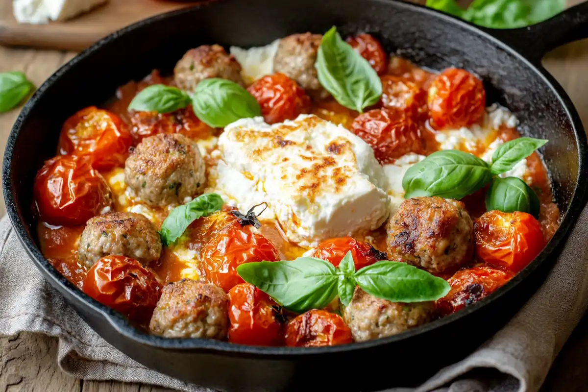 Baked Feta & Turkey Meatball Skillet (40g Protein)