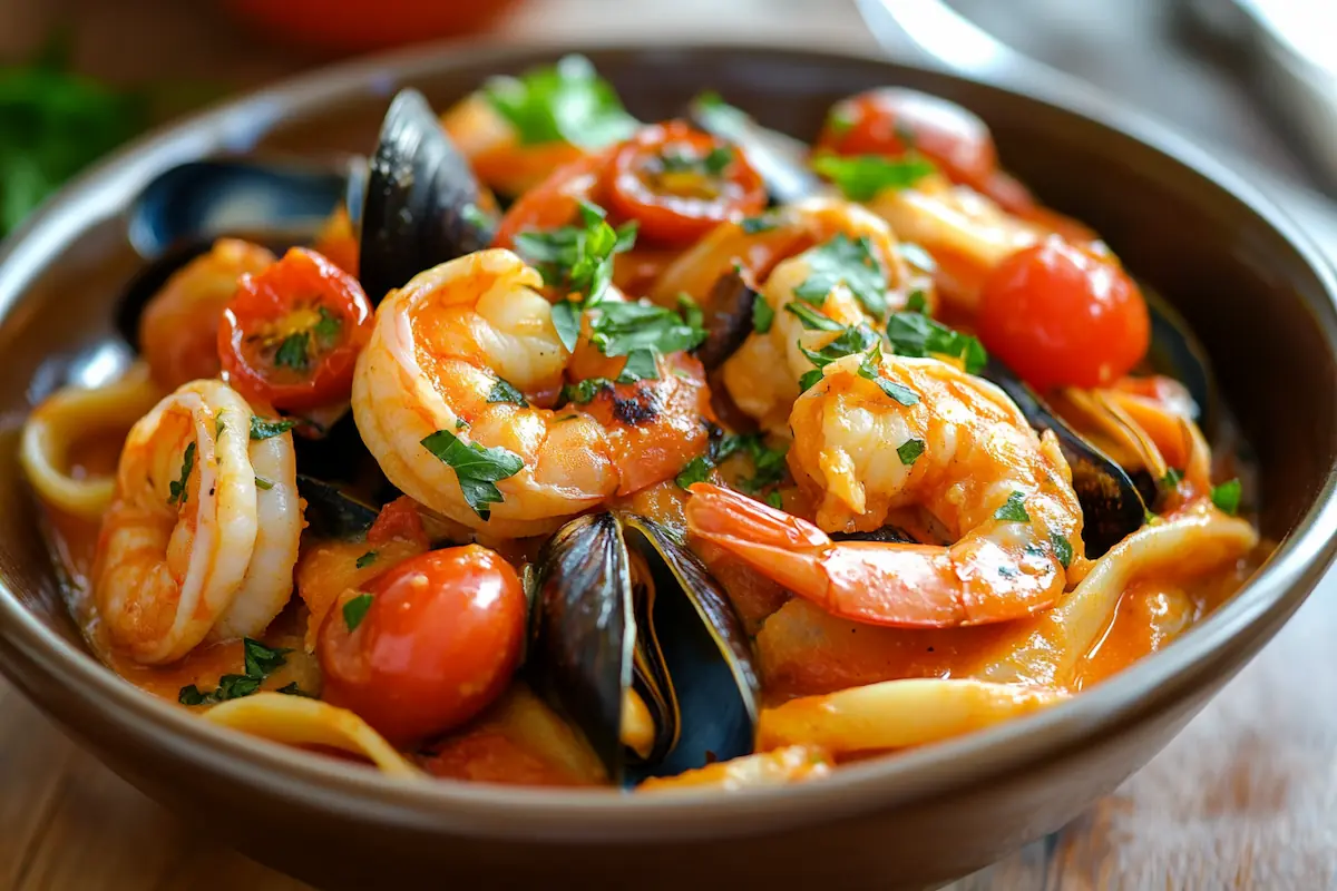 Creamy Seafood Mix Pasta with Roasted Tomatoes (39g Protein)