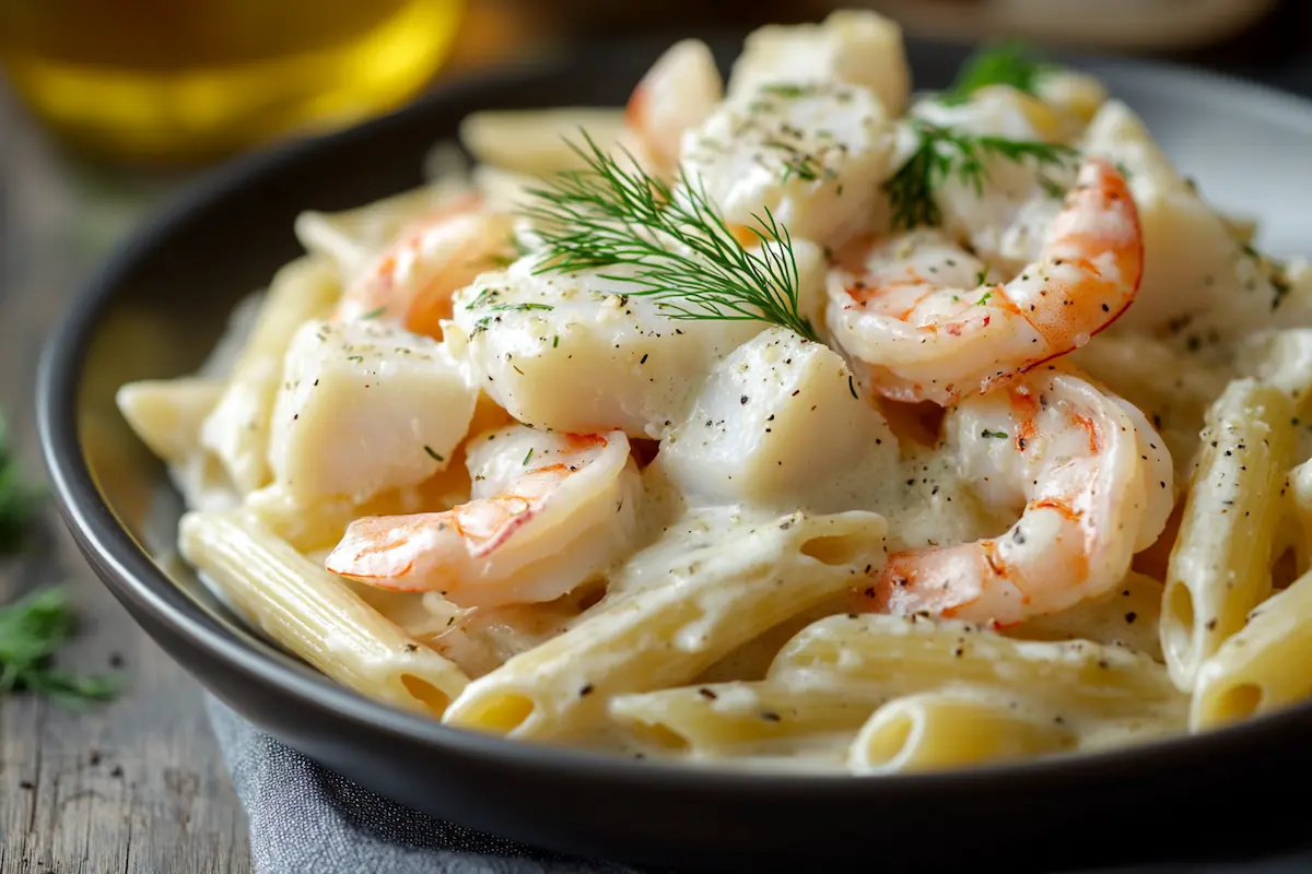 Creamy Shrimp & Cod Seafood Pasta (41g Protein)