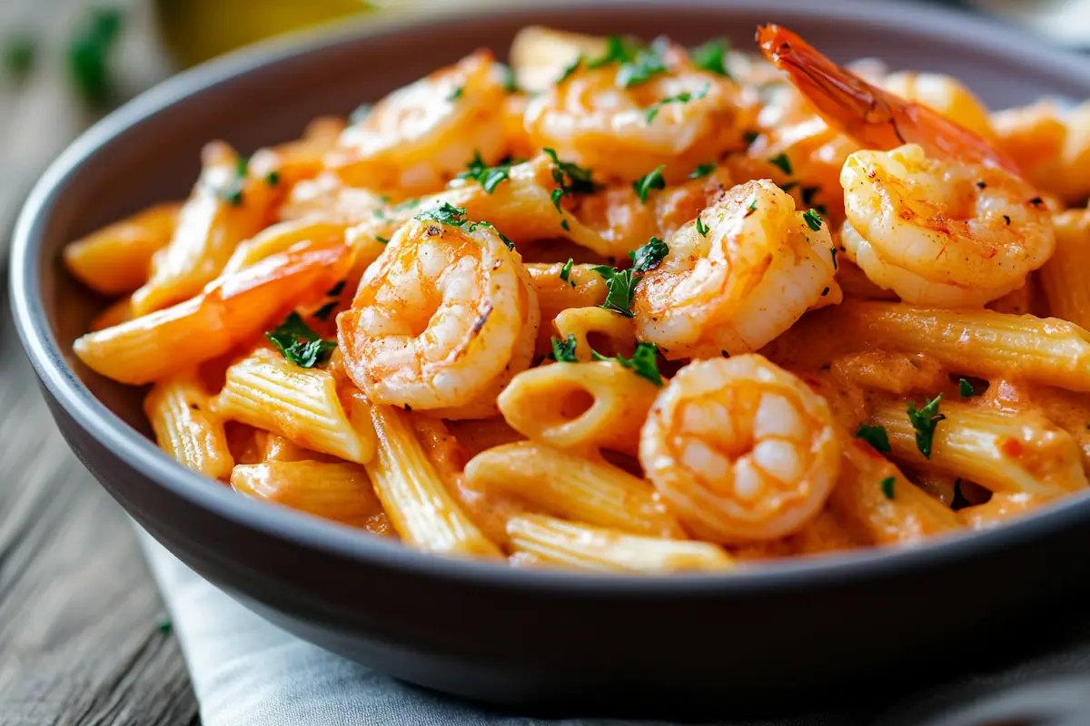 Creamy Vodka Sauce Pasta with Zesty Garlic Shrimp (38g Protein)