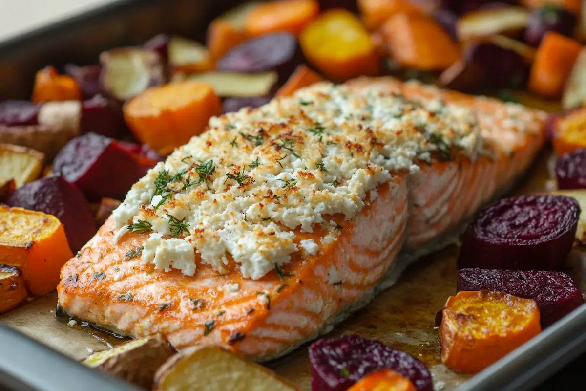 Feta-Crusted Salmon with Roasted Root Veggies (45g Protein)