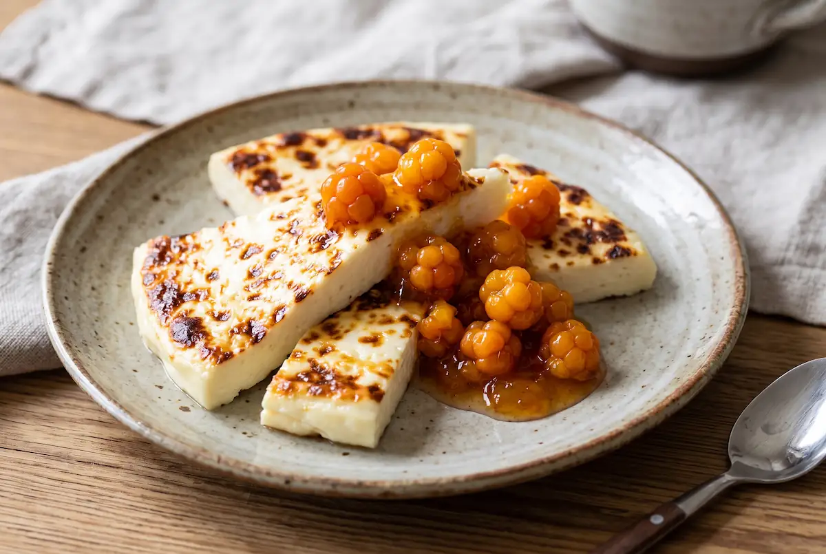 High-Protein Finnish Squeaky Cheese (Leipäjuusto) with Cloudberries (18g Protein)