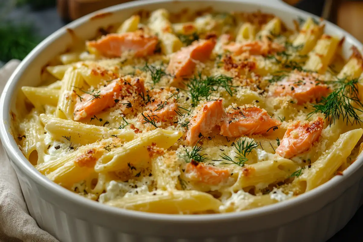 High-Protein Lemon-Herb Smoked Salmon Pasta Bake (38g Protein)