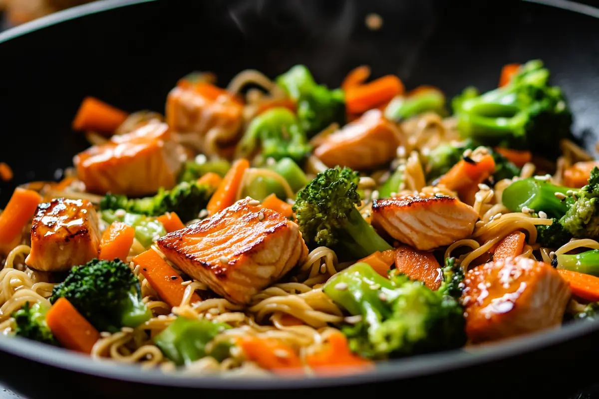 Honey Soy Glazed Salmon Stir-fry with Protein Noodles (44g Protein)