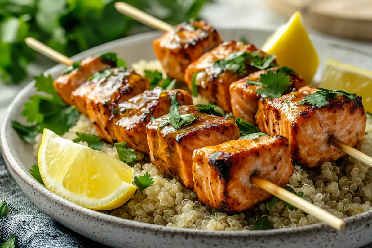 Honey Soy Salmon Kebabs with High-Protein Quinoa (42g Protein)