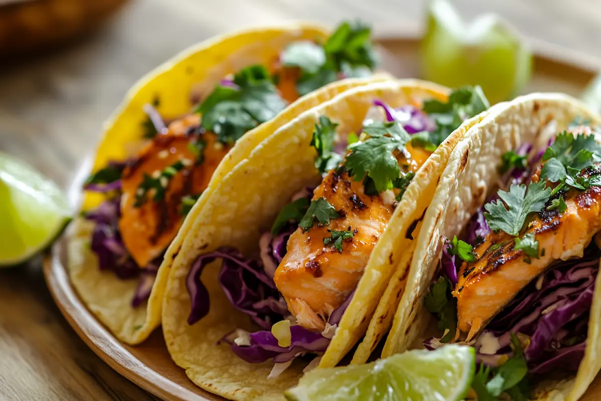 Honey Soy Salmon Tacos with Cabbage Slaw (39g Protein)