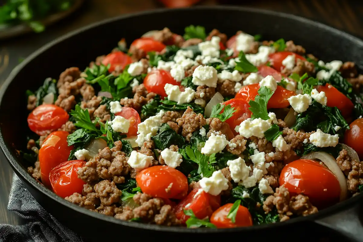 Mediterranean Feta & Ground Beef Skillet (36g Protein)