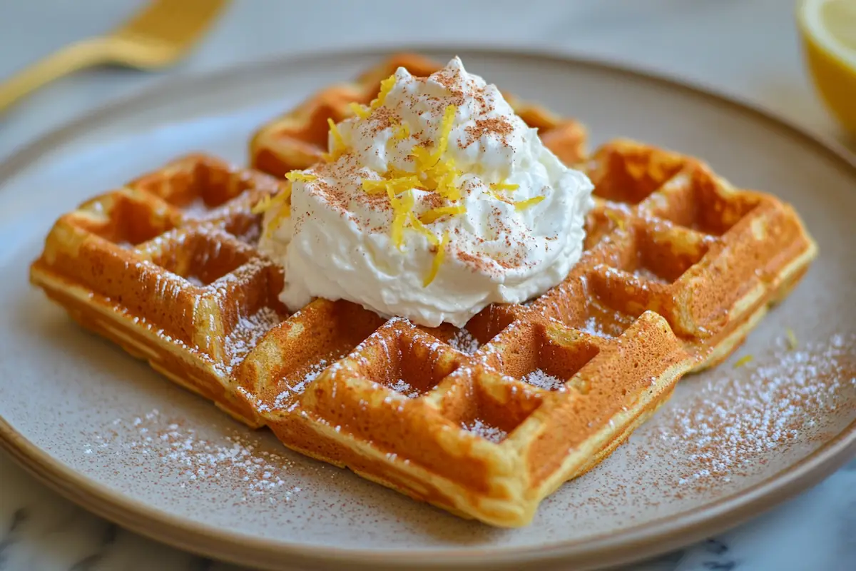Moist Carrot Cake Protein Waffles with Greek Yogurt Frosting (30g Protein)