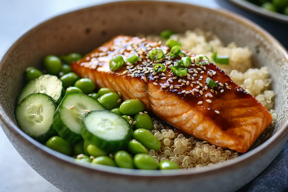 Pan-Seared Honey Soy Salmon Bowls with Quinoa (38g Protein)